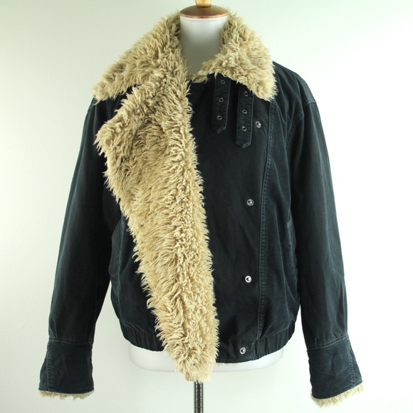 Free People Owen Black Sherpa Trim Asymmetrical Snap Front Bomber Jacket S - Picture 8 of 10